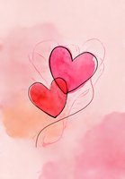Watercolor hearts with black outline on soft pink background, romantic artistic illustration for Valentine's Day cards or love-themed designs.