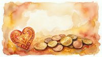 Watercolor heart with golden coins on warm textured background for romantic finance themes, wedding budgets, love and money concepts, savings goals.