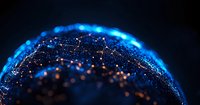 Digital network connections glowing in blue and orange lights across curved surface against dark background, representing global technology and data exchange.