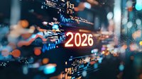 Glowing red 2026 number with financial market data visualization, stock charts, and blurred bokeh lights on dark background for business forecast.