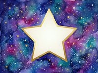 White star with golden border on cosmic galaxy background with purple, blue and pink nebula colors and sparkling stars for celestial designs.