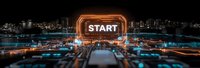 Futuristic digital start button glowing over city skyline at night with light trails and technology interface elements for business concepts.