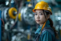 Young Asian female engineer in yellow hard hat and blue workwear inspecting industrial equipment in manufacturing facility. Professional portrait highlighting women in STEM careers.