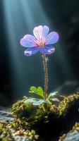 Delicate purple wildflower growing from moss-covered rock in mystical forest light, with detailed stem and dewdrops catching morning sunbeams through dark background.