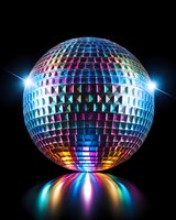 Shiny disco ball with colorful light reflection on black background, mirror ball creating rainbow spectrum effect beneath, party and dance club atmosphere.