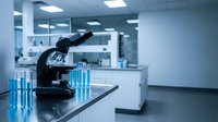 Black microscope with blue test tubes on laboratory bench in modern medical research facility with white cabinets and fluorescent lighting for scientific analysis.