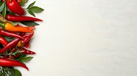 Fresh red and orange chili peppers with aromatic herbs and green leaves arranged on white wooden background, creating border design for food concepts.
