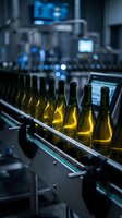 Bottles of golden liquid moving along automated conveyor belt in modern industrial manufacturing facility with blurred production equipment and monitoring screens in background.