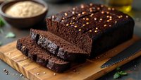 Homemade chocolate banana bread with nuts on wooden cutting board, sliced and ready to serve for breakfast or dessert.