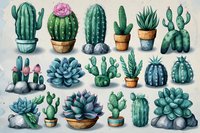 Watercolor collection of potted succulents and cacti in green and blue tones with pink flower accents, arranged in rows on light background. Perfect for botanical decor.