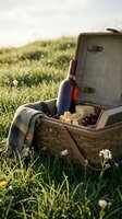 Vintage wicker picnic basket open in green meadow with wine bottle, cheese, grapes, and blanket for outdoor dining and leisure activities.