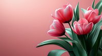 Fresh pink tulips with green leaves against soft coral background, elegant floral composition with copy space for spring season designs and celebrations.