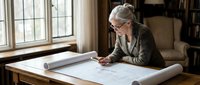 Middle-aged Caucasian female architect with glasses reviewing blueprints at wooden desk in bright office with large windows for professional design work.
