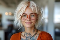 Young blonde woman with glasses and tattoos smiling confidently in modern office space for professional business and workplace diversity concepts.