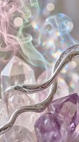 Mystical chrome liquid metal flowing through holographic crystals with ethereal smoke and rainbow prisms creating dreamy abstract composition for luxury design.