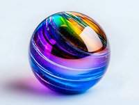 Colorful glass marble with swirling stripes in vibrant purple, blue, and orange hues against light background, showcasing intricate internal patterns and reflective surface.