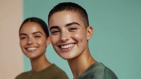 Young Hispanic woman with short pixie haircut and natural makeup smiling genuinely at camera, with female friend in background against turquoise wall. Authentic lifestyle portrait.