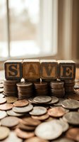 Wooden letter blocks spelling SAVE placed on stacks of coins with scattered change, representing savings and financial planning concepts.