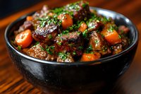 Tender beef stew with carrots and fresh herbs in black ceramic bowl on wooden table, slow-cooked meat in rich brown sauce garnished with parsley.