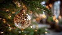 Elegant gold ornate Christmas ball ornament hanging on evergreen tree branch with warm bokeh lights creating festive holiday atmosphere for seasonal decorations.