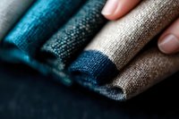 Folded textile samples in turquoise and neutral tones showing fabric texture detail and weave pattern. Macro photography highlights material quality for fashion design.
