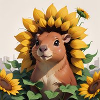 Adorable brown hamster peeking through bright sunflowers, surrounded by green leaves against light background, artistic digital illustration for children decor.