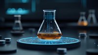 Laboratory glass flask with orange liquid on futuristic glowing platform against dark background, scientific research concept for chemistry and biotechnology.
