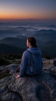 Young woman with long brown hair, Caucasian ethnicity, wearing blue hiking jacket and backpack, sitting on rocky outcrop overlooking misty mountain valley at sunrise. Travel and adventure concept.