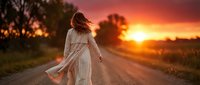 Woman with long reddish-blonde hair wearing flowing white dress walking on rural road at golden sunset, rear view, romantic countryside scene.