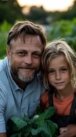 Mature Caucasian man with gray beard and young child with blonde hair pose together in garden setting wearing casual clothes during sunset golden hour. Perfect for family themes.