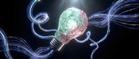 Glowing brain lightbulb with electric energy streams on dark background representing innovation, creativity, artificial intelligence and bright ideas.