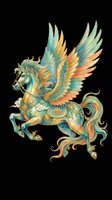 Ornate flying pegasus with colorful wings in teal, gold, and coral tones, isolated on transparent background. Great for t-shirt design, stickers, and print on demand.