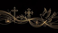 Elegant gold line art featuring Christian crosses and dove with flowing ornamental swirls on black background for religious design projects.