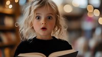 Young girl with blonde curly hair expressing amazement while reading open book, mouth agape in wonder against blurred bokeh lights background. For childhood education concepts.