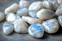 Polished moonstone crystals with blue adularescence effect on gray background, showing natural iridescent play of light and smooth tumbled surfaces.
