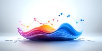 Vibrant flowing waves in pink, orange and blue colors with floating particles create dynamic motion effect on light background with reflection on surface.