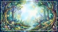 Enchanted forest landscape with ancient trees, magical glowing light, and serene stream flowing through lush woodland, perfect for fantasy and nature-themed designs.