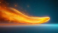 Glowing orange comet or meteor streaking across dark blue night sky with bright trail of sparks and reflections over calm water surface.