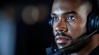 Professional African American male customer service representative wearing headset in modern call center environment for business communication support.