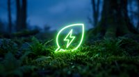 Glowing neon leaf with lightning bolt symbol on moss in dark forest, representing renewable energy, sustainability, and eco-friendly power concepts.
