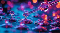 Water drops on reflective surface with vibrant purple and orange bokeh lights creating magical macro photography effect. Artistic close-up shows liquid refraction.