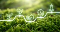 Sustainable living concept with glowing eco-friendly icons on green moss background. Environmental conservation, renewable energy and wellness lifestyle symbols.