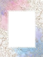Elegant floral frame with watercolor gradient background in pink and blue tones, ornate botanical border design for invitations and greeting cards.