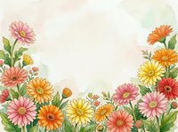 Watercolor floral border with colorful gerbera daisies in pink, orange, and yellow on a soft background with copy space.