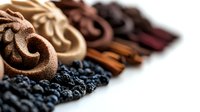 Colorful collection of natural spices and ingredients arranged in rows including cinnamon sticks, dried blueberries, and ground spices creating textural contrast.