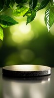 Round metallic podium with green leaves overhead against blurred natural background with bokeh lights, creating organic product display setting.