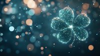 Glowing turquoise clover shape made of sparkling particles and bokeh lights on dark background, magical St Patrick's Day celebration concept.