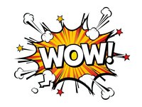 Comic book style WOW explosion burst with stars and motion lines on white background for graphic design projects and promotional materials.