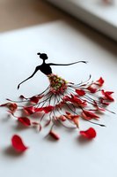Graceful silhouette of dancing woman in black with red rose petals forming flowing dress, creative paper art composition on white background. Romantic ballet concept.