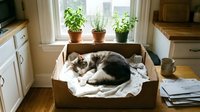 Adorable tabby and white cat sleeping peacefully in cardboard box on kitchen counter near window with potted herbs creating cozy domestic scene.